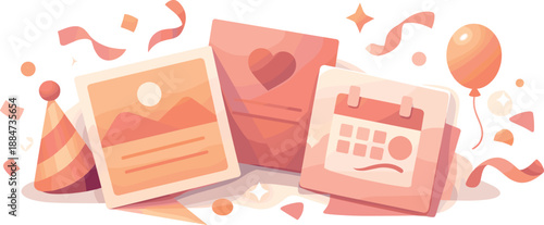 Modern Event Invitation. Festive announcement scene illustrated through abstract invite cards, confetti shapes, and glowing