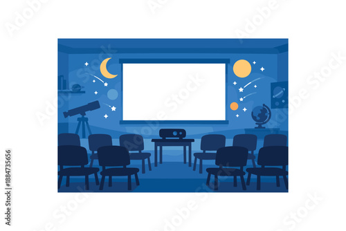 Flat vector illustration of an astronomy club classroom without people: empty chairs silhouettes projector silhouette and blank screen with abstract stars style clean 2D shapes no outlines