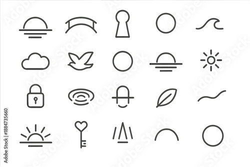 Symbolic Serenity Icons. Line style icons of symbolism and serenity: setting sun, open bridge, keyhole, wave line, cloud, bird,