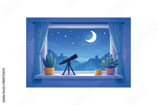 Flat vector illustration of home window night with small telescope silhouette and houseplant shapes on the sill style clean 2D shapes no outlines minimal details layered depth simplified