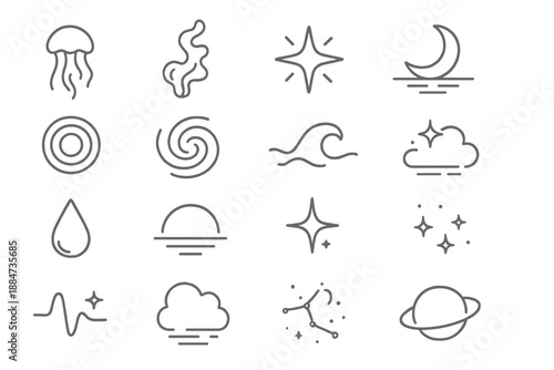 Ethereal Icon Collection. Line style icons of ethereal beauty: floating jellyfish, drifting ink, glowing star, moon reflection,