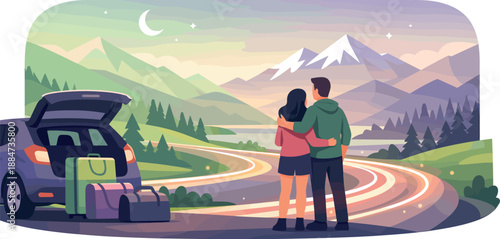 Romantic Roadtrip Vibes. Romantic road trip scene showing two figures standing near a car with luggage, scenic mountains, and