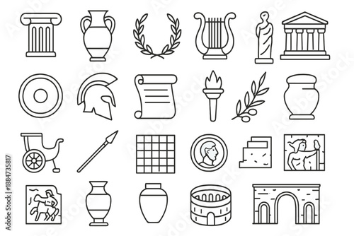 Ancient Greece Icons. Line style icons of ancient Greece: column, amphora, laurel wreath, lyre, temple, shield, helmet, scroll,
