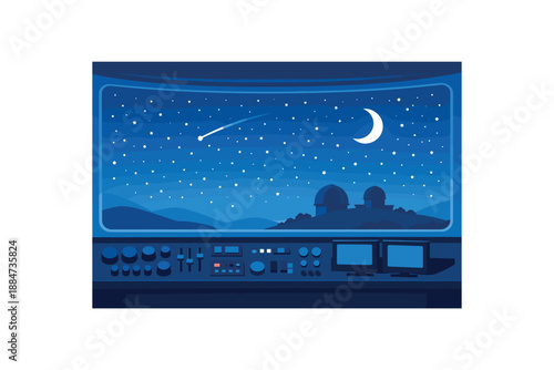 Flat vector illustration of quiet observatory control desk with knobs silhouettes and large window view of the night sky style clean 2D shapes no outlines minimal details layered depth