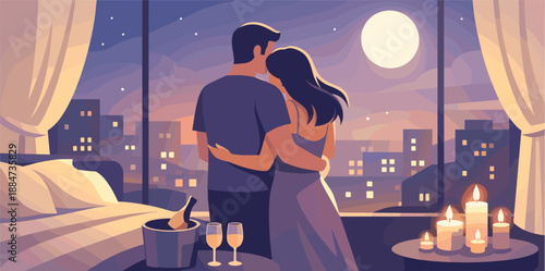 Embrace in Moonlight. Romantic suite scene showing two figures embracing by a window with city lights or moonlight streaming in,