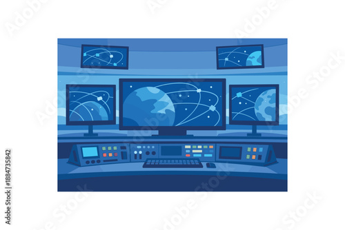 Flat vector illustration of satellite tracking room without people: multiple monitor silhouettes with abstract orbit lines and desk console style clean 2D shapes no outlines minimal details