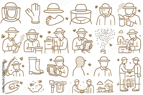 Beekeeping Line Icons. Line style icons of beekeepers: protective veil, gloves, hat, jacket, smoker in hand, hive inspection,