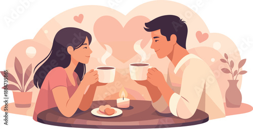 Romantic Coffee Moment. Romantic coffee scene showing two figures sharing a table with steaming cups and soft ambiance, modern