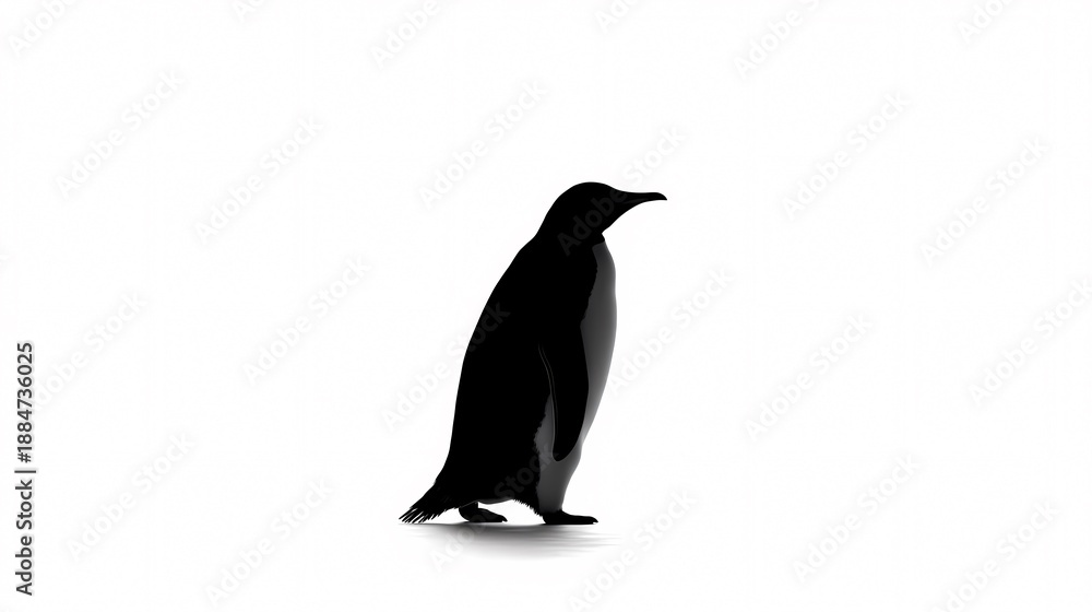Obraz premium Solitary Penguin's Stroll: A lone penguin strides confidently, its silhouette defined against a clean, crisp background. Minimalist design highlights the penguin's elegance and stoic nature.