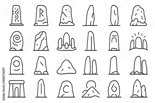 Stone Monolith Icons. Line style icons of standing stones: carved monolith, rune pillar, ancient slab, weathered stone, moss