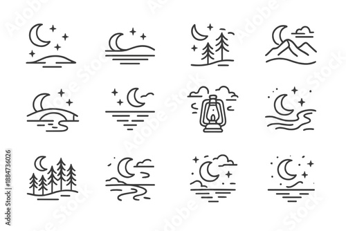 Moonlit Mountain Serenity. Line style icons of nighttime landscapes: moonlit sky, glowing horizon, tree silhouettes, mountain