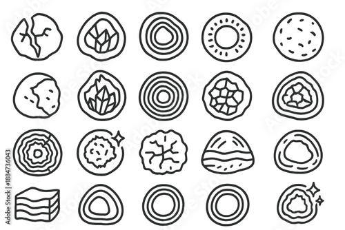 Geode Icons Collection. Line style icons of geodes: cracked stone, hollow crystal, layered shell, mineral center, spherical geode,