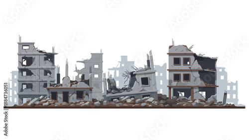 A desolate horizontal pixel art cityscape featuring a long line of crumbled and destroyed buildings with piles of rubble, conveying a scene of widespread urban devastation.