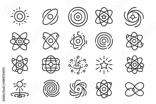 Cosmic Atom Icons. Line style icons of cosmic atoms: glowing nucleus, planetary orbit, cosmic field, atomic star, spiral energy,