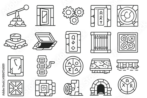 Ancient Mechanism Icons. Line style icons of ancient mechanisms: stone lever, secret door, gear puzzle, pressure plate, rotating