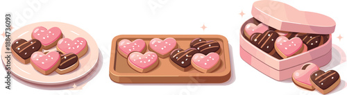 Heart-Shaped Cookie Vignette. Romantic cookie scene showing heart-shaped cookies on plates or trays with glowing accents and