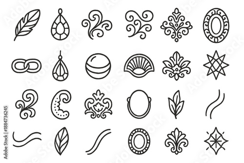 Ornamental Art Icons. Line style icons of Ornamental Art: feather motif, gem pendant, swirl pattern, gold filigree, jewel clasp,