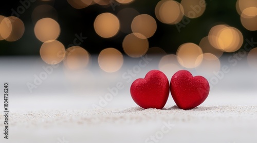 Two red hearts sit close together on a soft surface