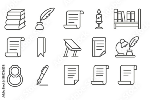 Scholarly Icons Collection. Line style icons of Scholarly Symbols: book stack, ink quill, glasses, scroll, candle stand, parchment