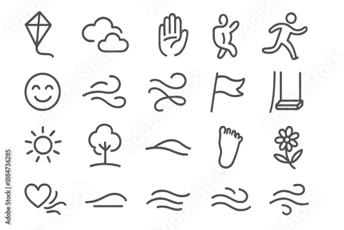 Childhood Freedom Icons. Line style icons of Childhood Freedom: kite string, open sky, hand grip, running step, laughter wave,