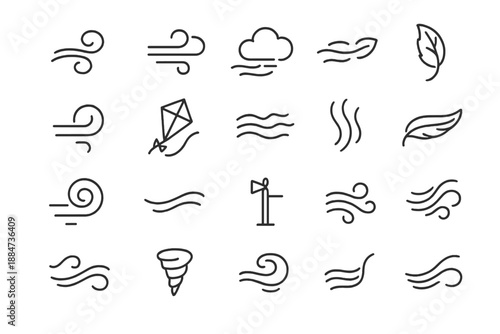 Wind Motion Icons. Line style icons of Wind and Motion: wind swirl, gust arc, cloud drift, breeze line, air loop, kite string,