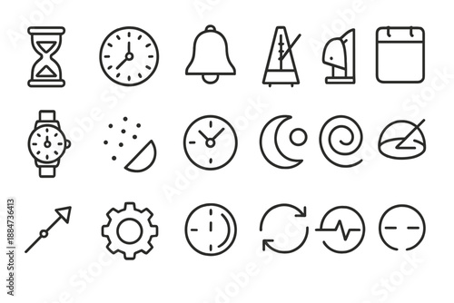 Time and Rhythm Icons. Line style icons of Time and Rhythm: hourglass, clock, bell, metronome, sundial, watch, sand grain, time