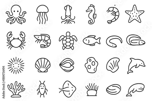 Ocean Creatures Line Icons. Line style icons of Ocean Creatures: octopus, jellyfish, squid, seahorse, crab, shrimp, turtle,