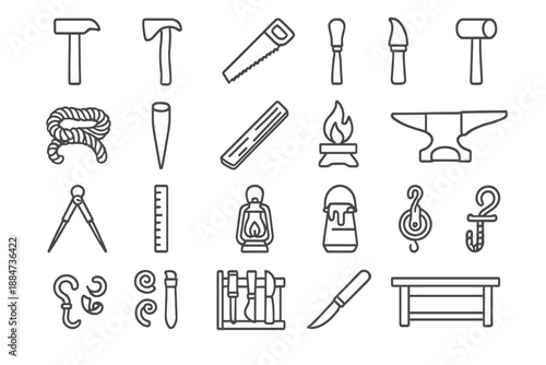 Viking Shipyard Tools Icons. Line style icons of Viking Shipyard Tools: hammer, adze, saw, chisel, mallet, rope bundle, wooden peg