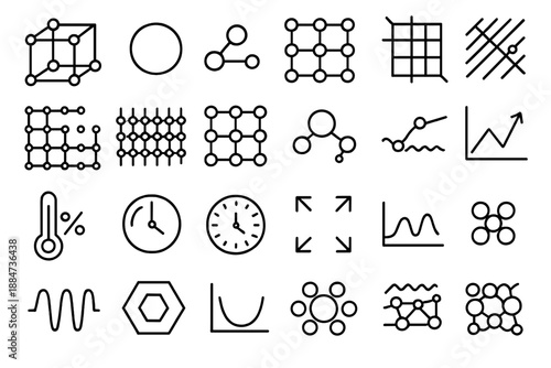 Atomic Lattice Icons. Line style icons of Atomic Lattice Simulation: unit cell cube, atom node, bond connector, lattice plane,