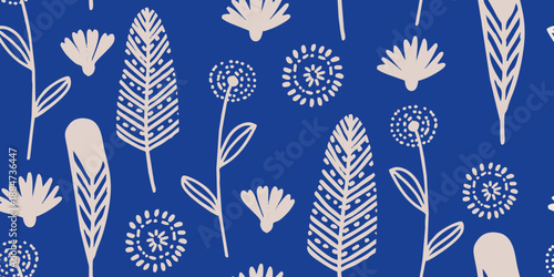 Hand-Drawn Folk Floral and Feather Motif in Blue and Beige