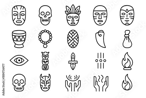 Tribal Mask Icon Set. Line style icons of Tribal Masks: carved wood mask, bone ornament, feather crest, painted stripe, ceremonial
