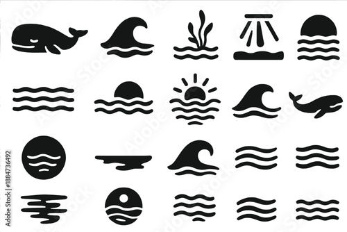 Oceanic Serenity Icons. Solid style icons of Oceanic serenity: resting whale, calm wave, floating kelp, gentle current, peaceful