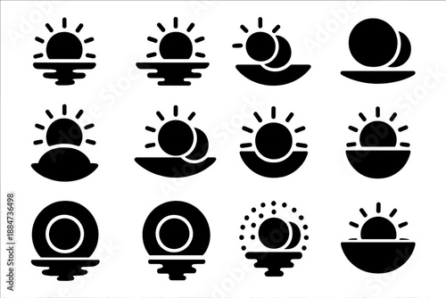 Universal Harmony Icons. Solid style icons of Universal harmony: sun and moon alignment, glowing edge, balanced sky, soft gradient
