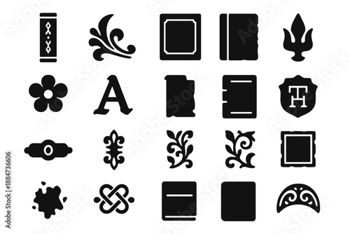 Decorative Binding Icons. Solid style icons of Decorative Binding Details: spine pattern, corner ornament, gold line, embossed