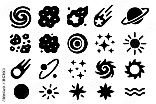 Cosmic Galaxy Icons. Solid style icons of Cosmic Galaxy: spiral galaxy, nebula cloud, shooting star, comet tail, asteroid belt,