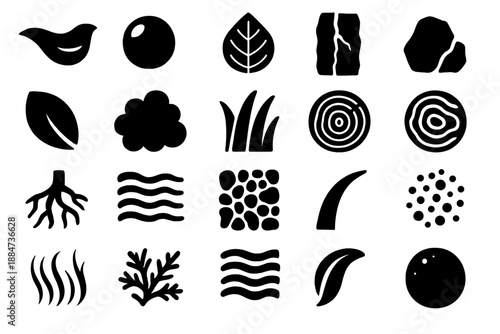 Natural Texture Icons. Solid style icons of Natural Textures: silk line, dew bead, leaf vein, bark crack, stone edge, petal curve,