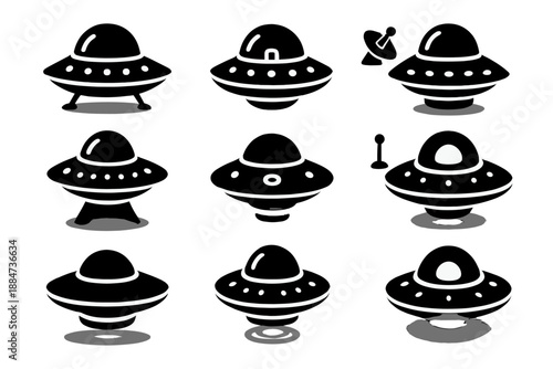 UFO Icon Design. Solid style icons of UFO Design: saucer top, dome cockpit, landing gear, glowing rim, circular lights, beam