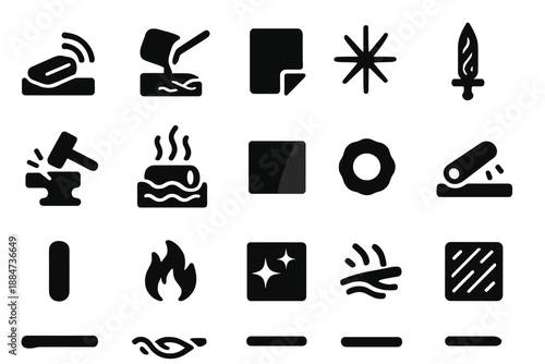 Metallic Heat Highlights. Solid style icons of Metal Texture and Heat: glowing iron, molten metal, folded steel, spark burst,