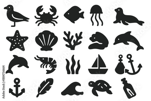 Maritime Icons Collection. Solid style icons of Maritime Life: seagull, crab, fish, jellyfish, seal, starfish, shell, driftwood,