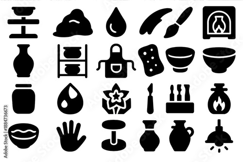 Pottery Workshop Icons. Solid style icons of Artisan Pottery Scene: spinning wheel, wet clay, glaze drip, brush stroke, glowing