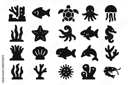 Marine Life Icons. Solid style icons of Marine Life and Ruins: coral, fish, crab, turtle, jellyfish, seaweed, starfish, eel,