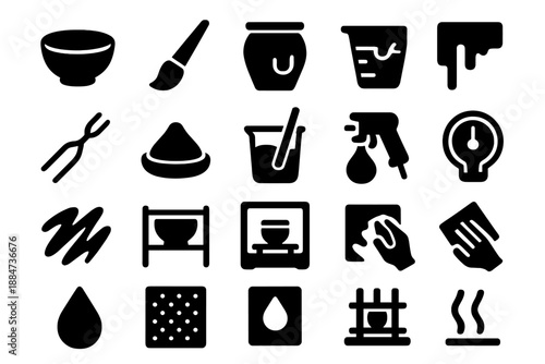 Ceramic Glazing Icons. Solid style icons of Ceramic Glazing: glaze bowl, brush, dipped pot, dripping glaze, tongs, color pigment,