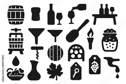 Winery Icons Collection. Solid style icons of Winery Tradition: oak barrel, cork stopper, wine bottle, pouring glass, tasting