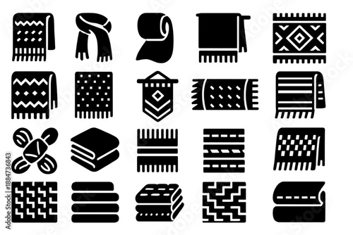 Handwoven Icon Collection. Solid style icons of Handwoven Fabric Collection: wool blanket, silk scarf, cotton roll, linen cloth,
