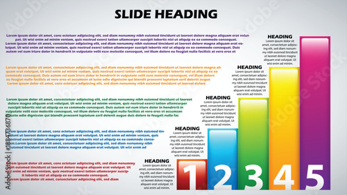 Vertical Bar Chart Infographic Template. Vector 5-Step Progress Diagram with Colorful Columns, Numeric Labels 1-5, and Detailed Text Placeholders
