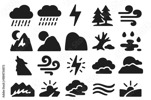 Stormy Wilderness Icons. Solid style icons of Storm Night Wilderness: dark cloud, pine forest, heavy rain, flash lightning, rocky