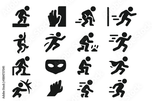 Stealth Icons Collection. Solid style icons of Stealth Movement: rooftop edge, climbing hand, wall shadow, silent foot, rope swing