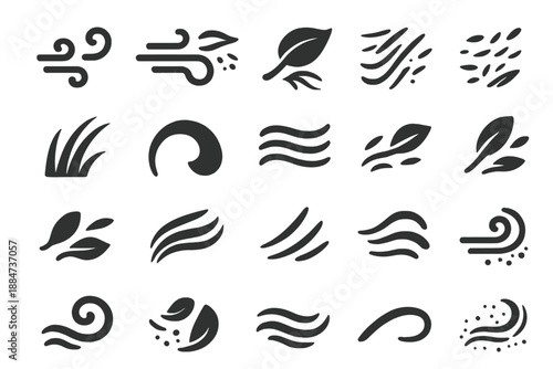 Wind Motion Icons. Solid style icons of Wind Motion: breeze swirl, curved air line, leaf flutter, pollen drift, grass wave, motion