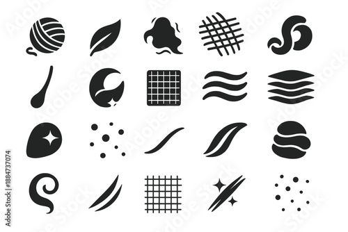 Gossamer Texture Icons. Solid style icons of Gossamer Textures: fine silk thread, translucent layer, floating fiber, airy weave,