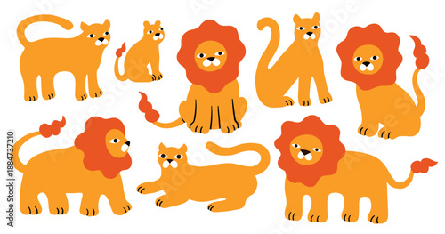 Cartoon lions. Cute lion, lionesses and cubs, wild animals, jungle family in different poses, pride in savannah, zoo, simple funny doodle style set isolated background for print, stickers, decoration